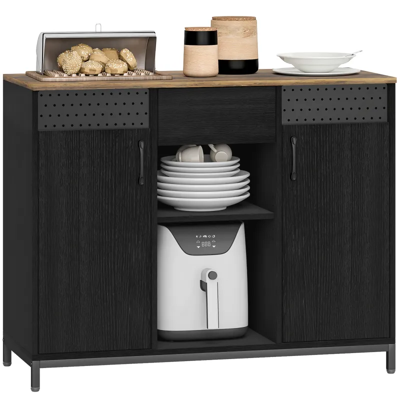 Aparador de 2 Puertas con Orificios 2 Compartimentos y Cajón Estantes Ajustables 100x40x80 cm Negro