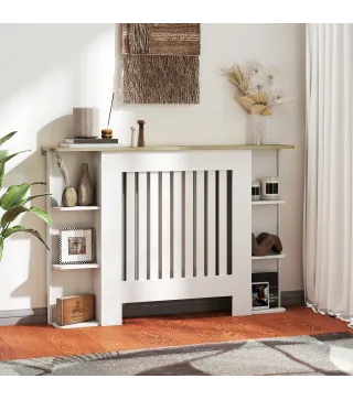 Cubre Radiadores con Estantes Cubreradiador de MDF Diseño Moderno de Listones para Salón Dormitorio 124x19x83 cm Blanco