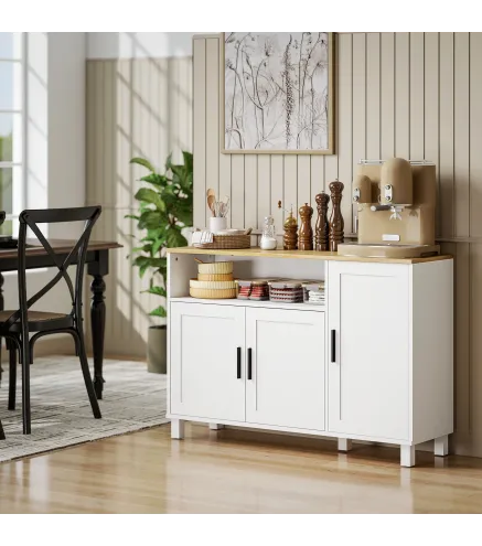 Aparador de 3 Puertas de Cierre Suave con Estantes Ajustables Compartimento Abierto Patas de Madera Blanco