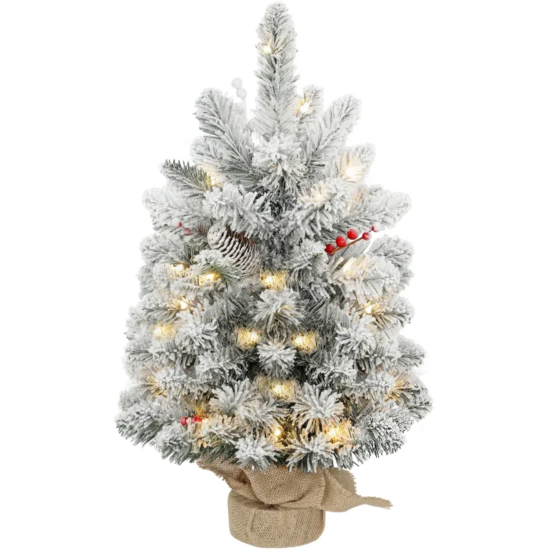 Mini Árbol de Navidad Artificial 60 cm con 35 Luces LED 72 Ramas Densas con Nieve Adornos y Base de Arpillera Verde