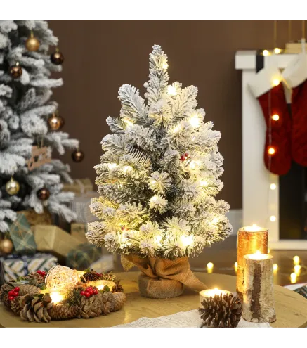 Mini Árbol de Navidad Artificial 60 cm con 35 Luces LED 72 Ramas Densas con Nieve Adornos y Base de Arpillera Verde