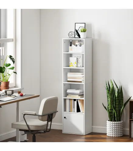 Librería de 5 Niveles Estantería para Libros Moderna con Estantes Abiertos y Puerta 40x30x156 cm Blanco