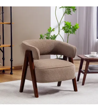 Butaca de Salón Tapizada en Borreguito Acolchada Gruesa Patas de Madera Respaldo Curvado 70x64x71 cm Marrón Claro