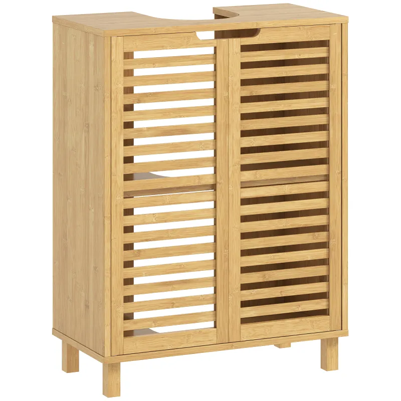 Mueble Bajo Lavabo de Bambú con 2 Puertas de Lamas Estante Ajustable para Lavabos con o sin Pedestal Natural Mueble Bajo Lavabo de Bambú con 2 Puertas de Lamas Estante Ajustable para Lavabos con o sin Pedestal Natural
