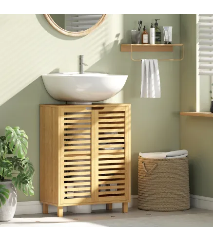 Mueble Bajo Lavabo de Bambú con 2 Puertas de Lamas Estante Ajustable para Lavabos con o sin Pedestal Natural