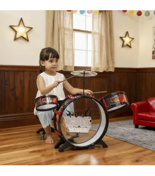 Batería para Niños de +3 Años con Taburete Tambores Bombo Platillo y Baquetas 59,5x31,5x59 cm Negro
