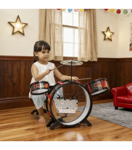 Batería para Niños de +3 Años con Taburete Tambores Bombo Platillo y Baquetas 59,5x31,5x59 cm Negro