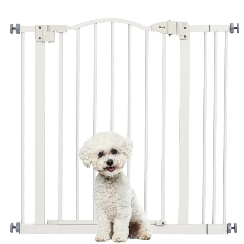 Barrera de Seguridad para Perros 74-87 cm con Extensión Montaje a Presión Doble Bloqueo para Puerta Escalera Blanco