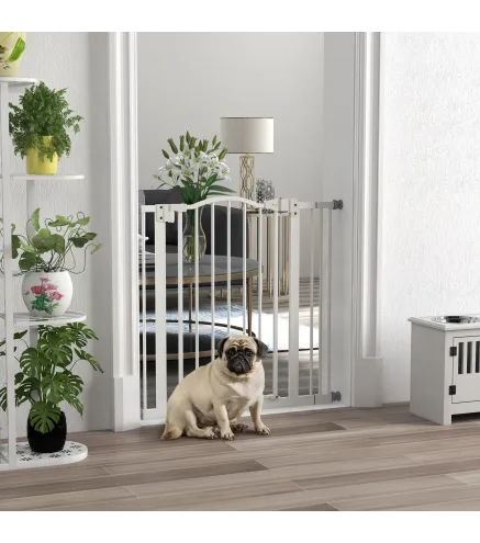 Barrera de Seguridad para Perros 74-87 cm con Extensión Montaje a Presión Doble Bloqueo para Puerta Escalera Blanco