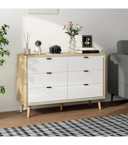 Cómoda 6 Cajones Cómoda Dormitorio con Patas de Madera Estilo Moderno 110x40x75 cm Blanco Brillo y Roble
