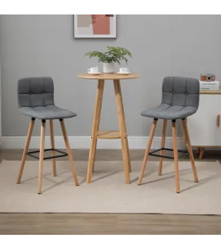 Juego de 2 Taburetes Altos de Cocina con Respaldo Reposapiés Patas de Madera Estilo Moderno Gris