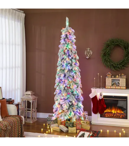 Árbol de Navidad Estrecho 225 cm con Luces LED Bicolores 11 Modos de Iluminación Temporizador 800 Ramas Verde