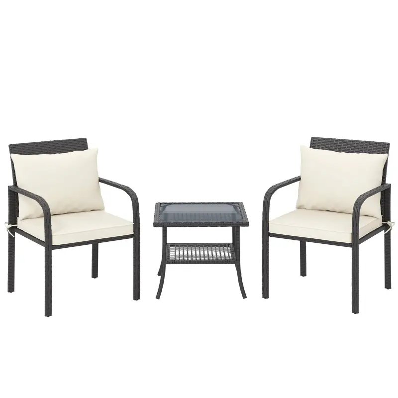 Conjunto de Muebles de Jardín de Ratán Sintético con 2 Sillas con Cojines Acolchados y Mesa con Vidrio Templado Marrón