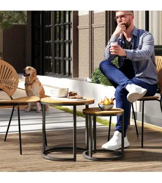 Juego de 2 Mesas de Jardín con Encimera de Madera de Acaica Diseño Listones con Marco de Acero y Pies Ajustables Teca