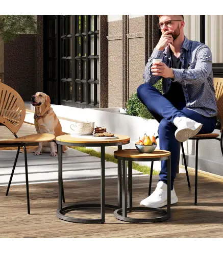 Juego de 2 Mesas de Jardín con Encimera de Madera de Acaica Diseño Listones con Marco de Acero y Pies Ajustables Teca