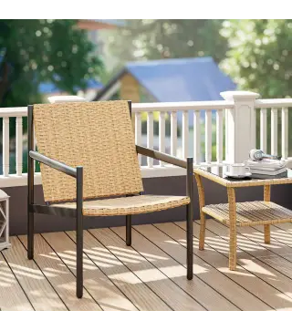 Silla de Ratán de Jardín para Exterior con Reposabrazos Estructura de Acero y Respaldo Inclinado 74x61x81 cm Natural