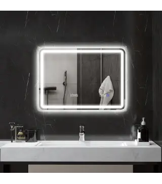 Espejo de Baño con Luz LED 70x50 cm con Bluetooth 3 Colores de Luz Reloj Digital Función Antivaho Función de Memoria