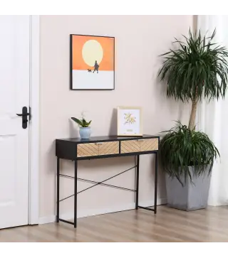 Mesa de Consola Estrecha con 2 Cajones Diseño de Líneas Talladas Estilo Moderna Negro y Roble