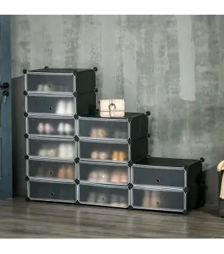 Armario Modular para Zapatos de Plástico con 12 Cubos Puertas y Conectores Diseño DIY para Entrada o Dormitorio Negro