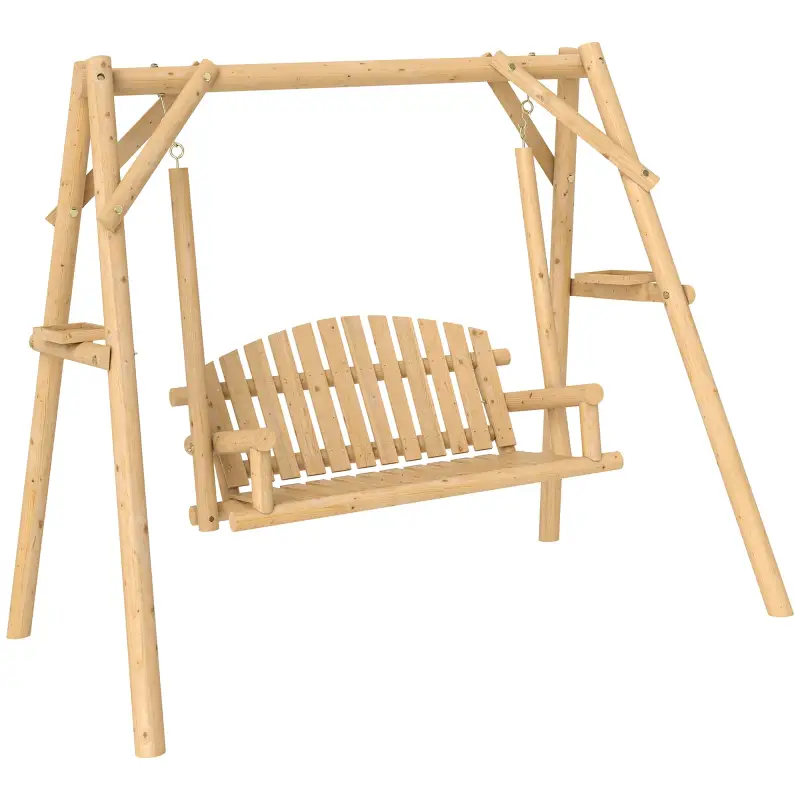 Banco Columpio de Jardín de Madera de 2 Plazas con Bandejas Laterales Reposabrazos y Estructura en A Natural