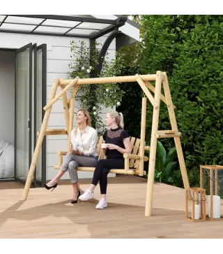 Banco Columpio de Jardín de Madera de 2 Plazas con Bandejas Laterales Reposabrazos y Estructura en A Natural