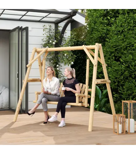 Banco Columpio de Jardín de Madera de 2 Plazas con Bandejas Laterales Reposabrazos y Estructura en A Natural