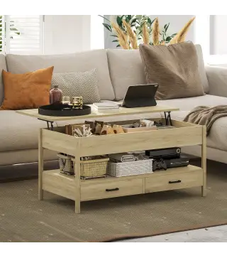 Mesa de Centro Elevable con Almacenamiento Compartimento Oculto Cajones y Estante Abierto 100x50x48-62 cm Roble