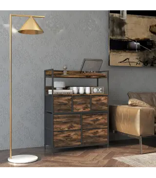 Cómoda de Tela con 7 Cajones y 2 Estantes de Estilo Industrial con Marco de Acero 79x29x101 cm Marrón Rustico