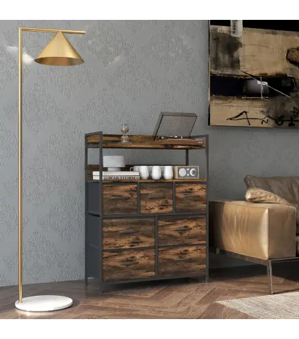 Cómoda de Tela con 7 Cajones y 2 Estantes de Estilo Industrial con Marco de Acero 79x29x101 cm Marrón Rustico