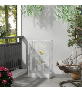 Jaula para Pájaros 61x36,5x98 cm con 8 Puertas 5 Perchas Bandeja Extraíble y 4 Comederos para Periquitos Pinzones Blanco