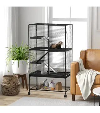 Jaula para Animales Pequeños de 4 Niveles con Ruedas Rampa Comedero Bebedero y Bandeja Extraíble 78x45,5x136 cm Negro