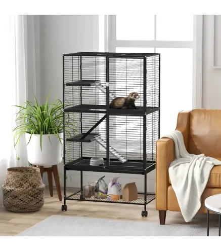 Jaula para Animales Pequeños de 4 Niveles con Ruedas Rampa Comedero Bebedero y Bandeja Extraíble 78x45,5x136 cm Negro