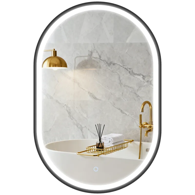 Espejo de Baño con Luz 60x90 cm Espejo de Pared Ovalado 3 Colores de Luz Brillo Regulable Función Antivaho Negro