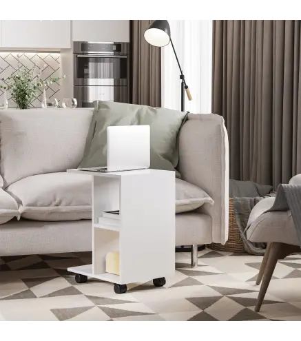 Mesita Auxiliar con Ruedas Mesa para Sofá en Forma de C con Estantes Abiertos para Salón 45x35x58 cm Blanco