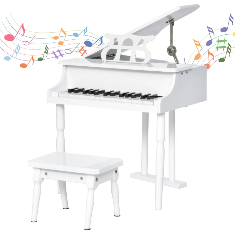 Piano de Cola Infantil de MDF con 30 Teclas Taburete y Atril de Partituras Piano para Niños Instrumento Musical Didáctico 52x50x
