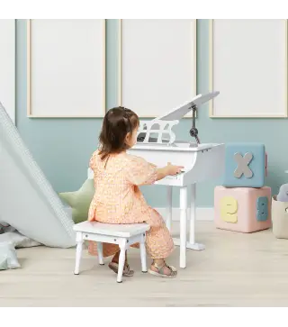 Piano de Cola Infantil de MDF con 30 Teclas Taburete y Atril de Partituras Piano para Niños Instrumento Musical Didáctico 52x50x
