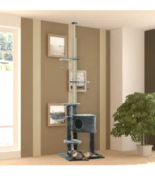 Árbol Rascador para Gatos de 220-265 cm Altura Ajustable al Techo con Plataformas Bolas de Juego Poste de Sisal Natural