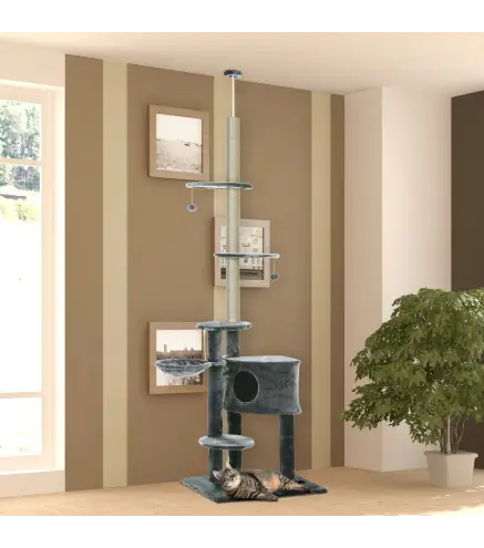 Árbol Rascador para Gatos de 220-265 cm Altura Ajustable al Techo con Plataformas Bolas de Juego Poste de Sisal Natural
