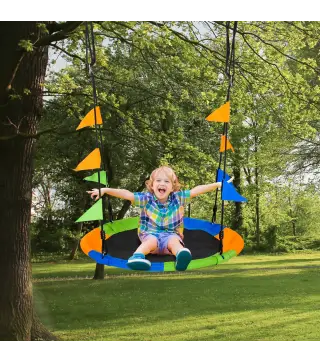 Columpio de Jardín Nido Ø100x120-180 cm Altura Ajustable con Cuerdas y Banderas para Niños y Adultos Carga 80 kg Interior y Exte