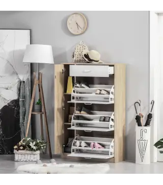 Mueble Zapatero de 3 Puertas para 18-27 Pares de Zapatos Zapatero Moderno con Cajón y Puerta 84x30x132 cm Natural