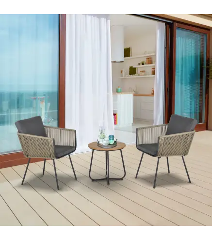 Conjunto de Muebles de Jardín Juego de 3 Piezas Muebles de Ratán 1 Mesa Redonda y 2 Sillas Butaca con Cojines Acolchados para Ba