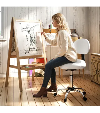 Taburete Giratorio con Respaldo y Ruedas Silla Ajustable para Salones de Belleza Estudio de Tatuajes 50x50x83-98cm Blanco