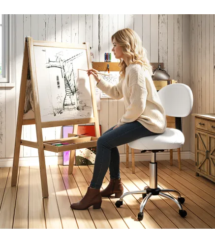 Taburete Giratorio con Respaldo y Ruedas Silla Ajustable para Salones de Belleza Estudio de Tatuajes 50x50x83-98cm Blanco