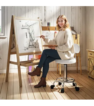 Taburete Giratorio con Respaldo y Ruedas Silla Ajustable para Salón de Belleza Estudio de Tatuajes 32x40x70-86cm Blanco