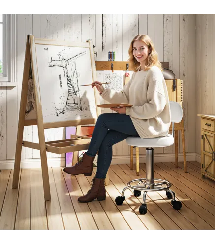 Taburete Giratorio con Respaldo y Ruedas Silla Ajustable para Salón de Belleza Estudio de Tatuajes 32x40x70-86cm Blanco