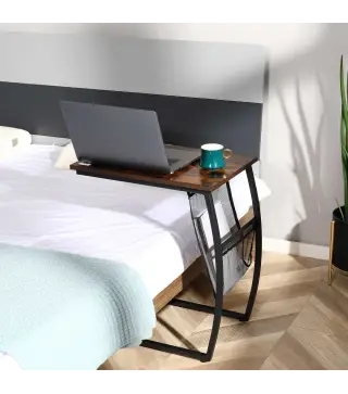 Mesa Auxiliar para Sofá y Cama Mesita Auxiliar Pequeña en Forma de C con Bolsillo de Almacenaje Estilo Industrial para Salón 53x