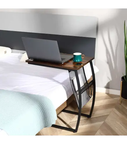 Mesa Auxiliar para Sofá y Cama Mesita Auxiliar Pequeña en Forma de C con Bolsillo de Almacenaje Estilo Industrial para Salón 53x