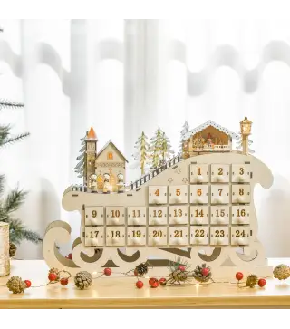 Calendario de Adviento de Navidad con Luces y 24 Cajones Decoración Navideña Modelo Trineo 45x10x31 cm Madera Natural