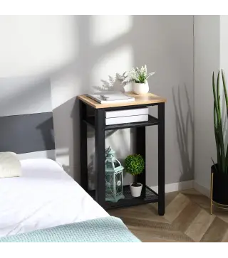 Mesa Auxiliar Mesita de Noche Estilo Industrial con 2 Estantes de Rejilla de Metal y Pies Ajustables para Salón Dormitorio 45x35