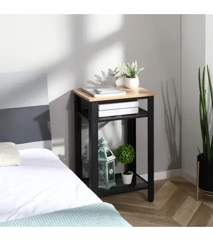 Mesa Auxiliar Mesita de Noche Estilo Industrial con 2 Estantes de Rejilla de Metal y Pies Ajustables para Salón Dormitorio 45x35